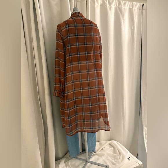 Forever 21 Plaid Sheer Longline Tunic Duster Shirt Cardigan Brown Boho Size M - Picture 6 of 9